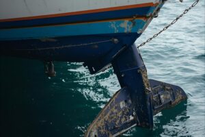 Boat rudder in the water symbolizing how a therapist guides direction in the healing process while the client provides the engine for movement.